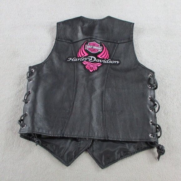 Womens Leather Motorcycle Vest Size Medium Black Pink Biker Club Patches - Picture 1 of 10